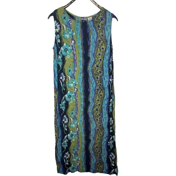 American Vintage 90's JM 100% Rayon Green Blue Beaded Floral Maxi Dress Size L - Picture 1 of 6